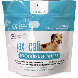 JAX & CALI Pet Toothbrush Wipes, All Natural Textured Dental Wipes, Holistic Pet Oral Care, Cruelty Free, Natural Enzymes Reduce Plaque and Inflammation, Keeps Teeth Clean, For Dogs And Cats, 65 Count