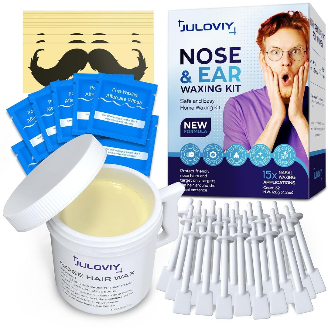 Nose Wax Kit, 120 g Wax, 30 Applicators,Nostril and Ears Hair Removal Kit for Men & Women,Includes 15 Balm Wipes and Mustache Guards etc. Lasts up to 6 Weeks