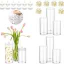 Set of  Glass Cylinder Vases for Centerpieces with 8 Pack Vase Filler 12 Pearl String 24 White Floating Candles for Table Centerpieces for Wedding Party Home Decor 5, 6, 8 Inch