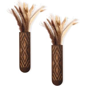 2 Pack Wooden Wall Planter Wooden Vase Set with Dried Reed Flowers Boho Wall Decor Indoor Farmhouse Decor for Entryways Hallways Bathrooms Living Rooms and Dining Rooms (Walnut Color)