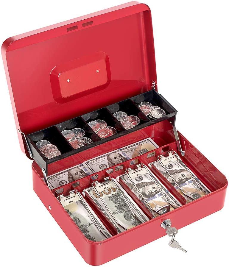 Cash Box with Money Tray and Key Lock Large Metal Money Safe Box with Cantilever Coin Tray, Lock Box for Money 11.8" x 9.4" x 3.54" Red