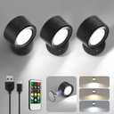 LED Wall Mounted Lights 3 Pcs with Remote, Wall Sconces Lamp 3000mAh Rechargeable Battery Operated, 3 Color Temperatures & Dimmable Magnetic 360 Rotation Cordless Light for Bedroom Bedside