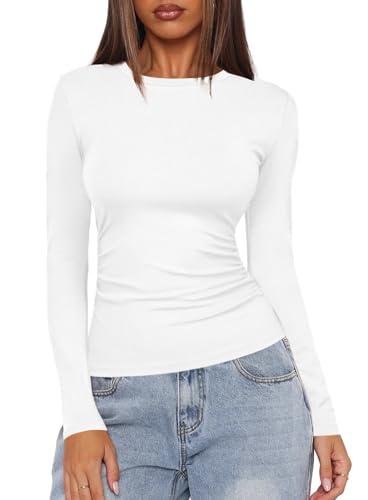 Womens Basic T-Shirts Crew Neck Long Sleeve Tops Cute Fall Tops Slim Fit Tees Y2k Clothing 9067 White, Size M 