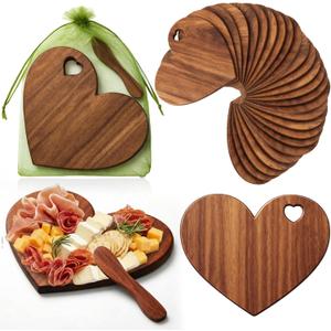 Nuenen 50 Pcs Mini Wooden Charcuterie Board Bulk, Small Wood Cutting Board for Crafts, Laser Engraving with Knives, Organza Bags Wedding Baby Shower Favors Gift (Heart, Acacia Color)