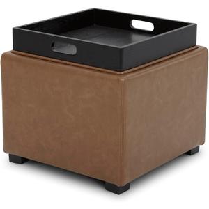 CHITA Storage Ottoman Cube with Tray Lid, Small Footstool with Storage, Square End Table for Living Room and Bedroom, Faux Leather in Saddle Brown