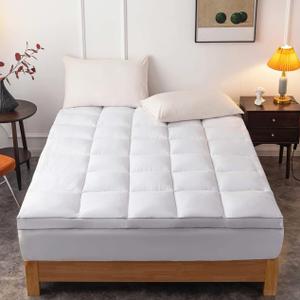 DROVAN Mattress Topper Queen Size - Extra Thick Mattress Pad Cover - Pillow Top Deep Pocket with Breathable 7D Spiral Fiber Filling Cooling Mattress Cover (White)