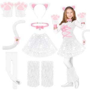 Haull 8 Pcs Halloween Kitten Cat Costume Accessories Girl Cat Ear Tail Gloves Bell Choker Necklace Tights Skirt Calf Sleeves (Large, White and White)