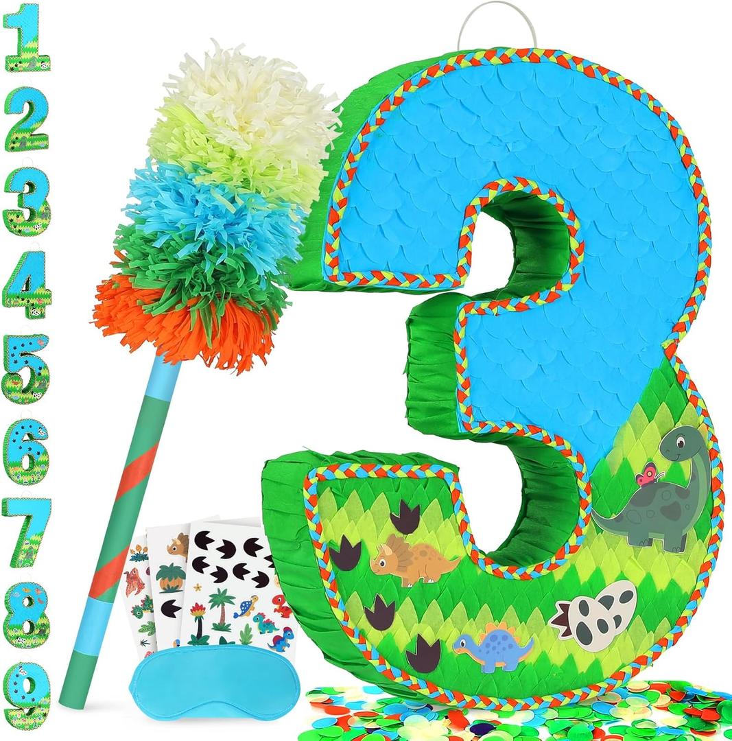 Number 3 Pinata for Birthday Party Decorations, Jungle Dinosaur Piata Games Toy (3th)