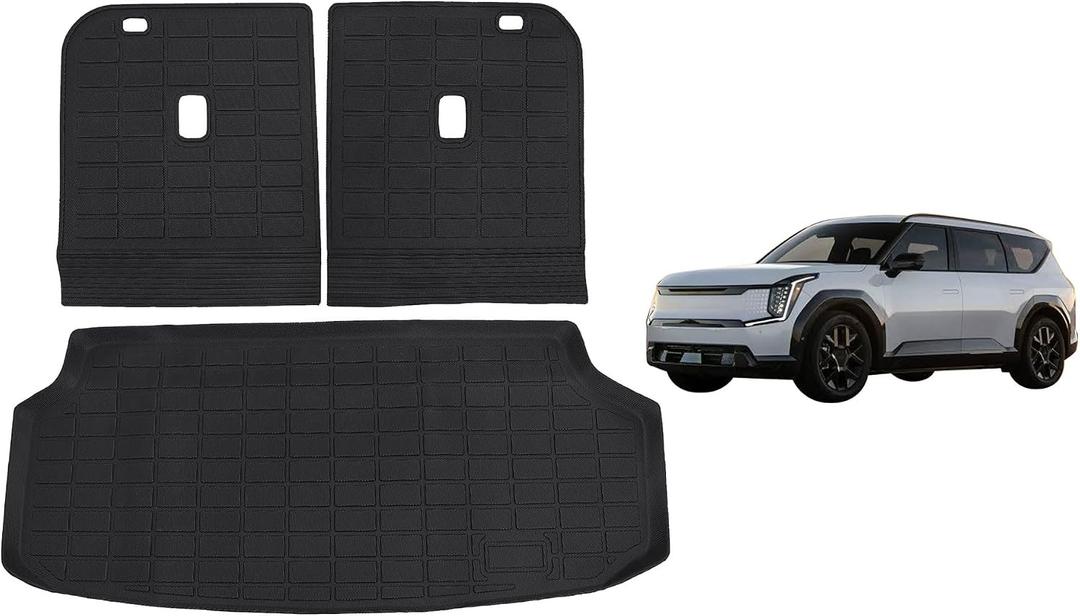 GXARTS 3X TPE Trunk Cargo Liners+Backrest Mats Compatible with Kia EV9 2024-2026 Trunk Mat Floor Liners Custom Fit Accessories Mats Black