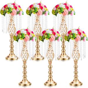 Funrous 6 Pcs Gold Flower Stand Wedding Flower Centerpieces for Tables 19.3 in Tall Crystal Vases Metal Elegant Floral Stand for Wedding Reception Tabletop Baby Shower Birthday Party Decor