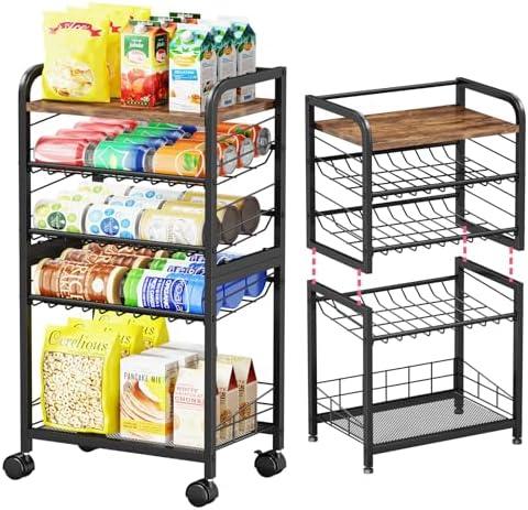 SWTYMIKI Can Organizer for Pantry - Stackable Rolling Snack Cart, Soda Can Organizer, Multi-Functional Shelf with Adjustable Wheels for Kitchen, Office, Living Room, Black