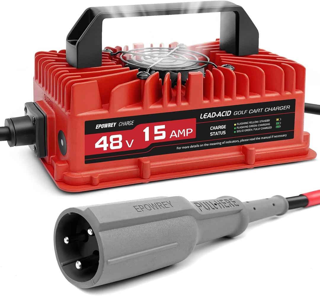 EPOWREY 15 AMP 48 Volt Golf Carts Battery Charger for Club Car 3-Pin Round Plug, for Lead Acid Battery (Red)