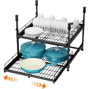 Adjustable 2-Tier Pull Out Cabinet Organizer, Expandable 13"-21" Wide, No-Drill Kitchen Cabinet Organizer for Pots and Pans, Smooth Slide-Out Shelves for Under Cabinet Storage  21" Deep, Black