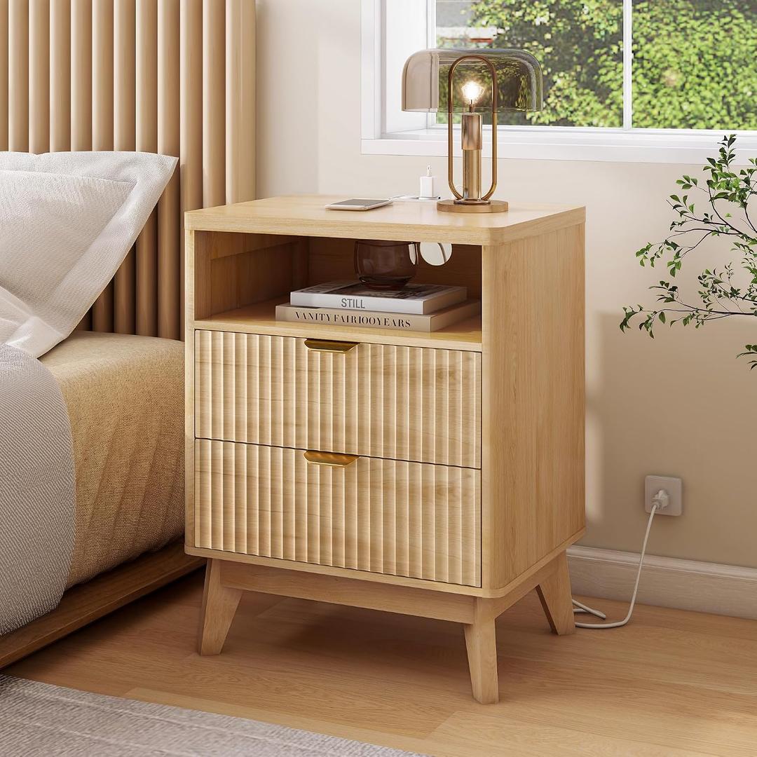 LYNCOHOME Fluted Nightstand with Charging Station, 19.7 inch Wide End Table with 2 Drawers, Modern Wood Bedside Table for Bedroom,Natural,1 Pcs, 15"D x 19.7"W x 25.5"H2 Drawers