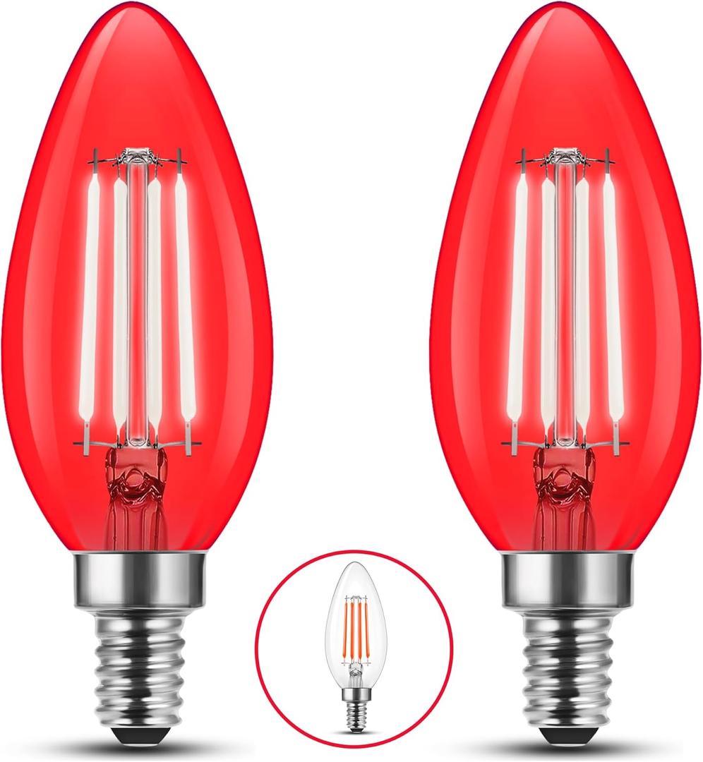 E12 LED Red Light Bulb for Christmas, C35 LED E12 Filament Candle Bulb 4W (40W Equivalent) E12 Base Red Lighting for Halloween, Party Decor, Sleep Lights, Bedroom, Porch Lights, Non-Dimmable, 2 Pack
