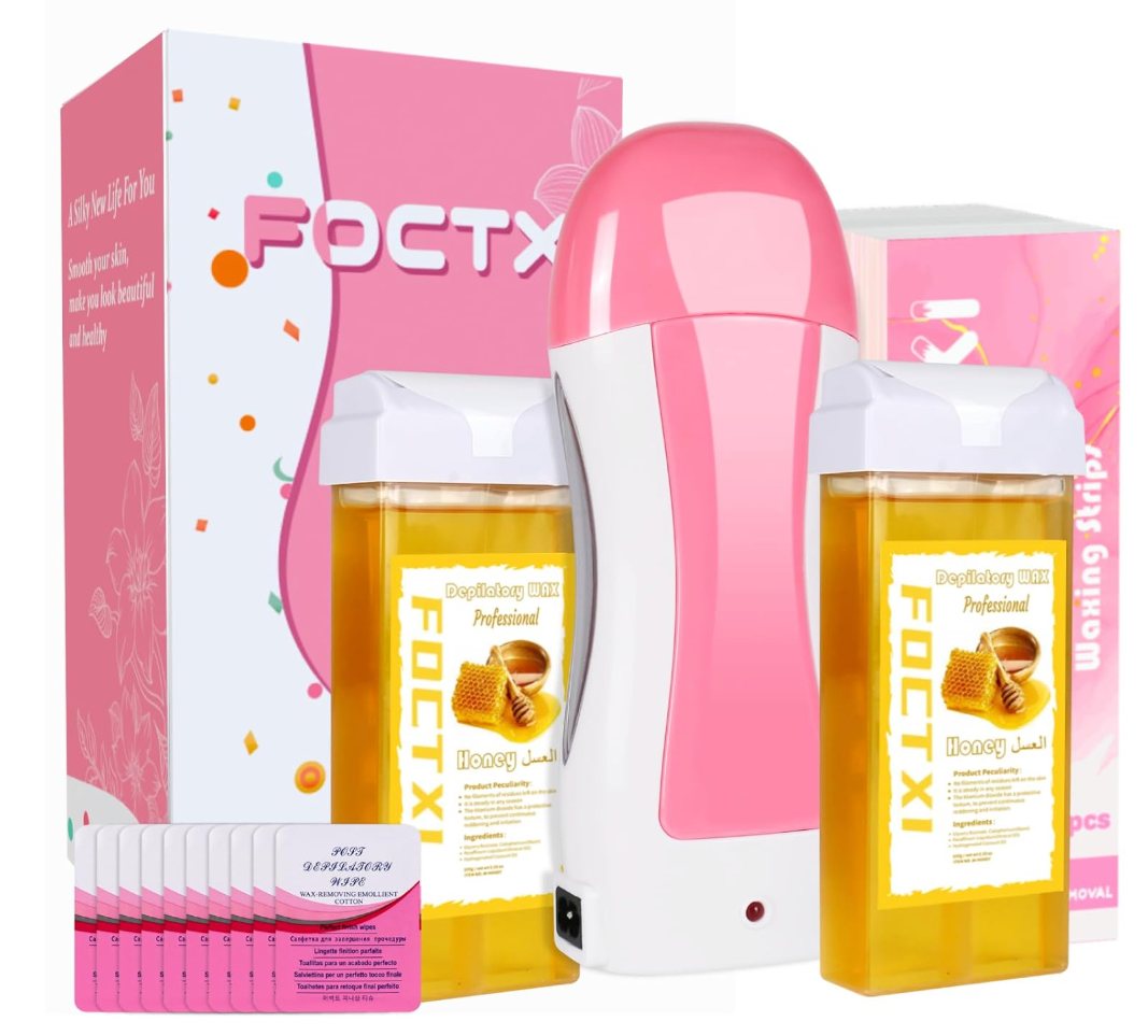 FOCTXI Roll On Waxing Kit for Sensitive Skin  Hair Removal with 2 Honey Soft Wax Cartridges and 100 NonWoven Wax Strips, 10 Wipes