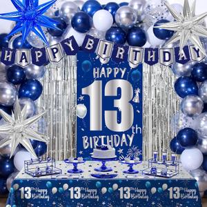 13th Birthday Decorations for Boys Girls, Blue Happy 13th Birthday Decoration Boy 13 Year Old Party Decorations Door Banner, Tablecloth Foil Backdrop Star Balloons 13th Bady Decor for Teenage Boys