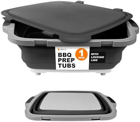 Drip EZ Collapsible BBQ Prep Tub- for Meal Prep Marinating Food Storage - Includes Cutting Board & Locking Lid - (1) OG - Black
