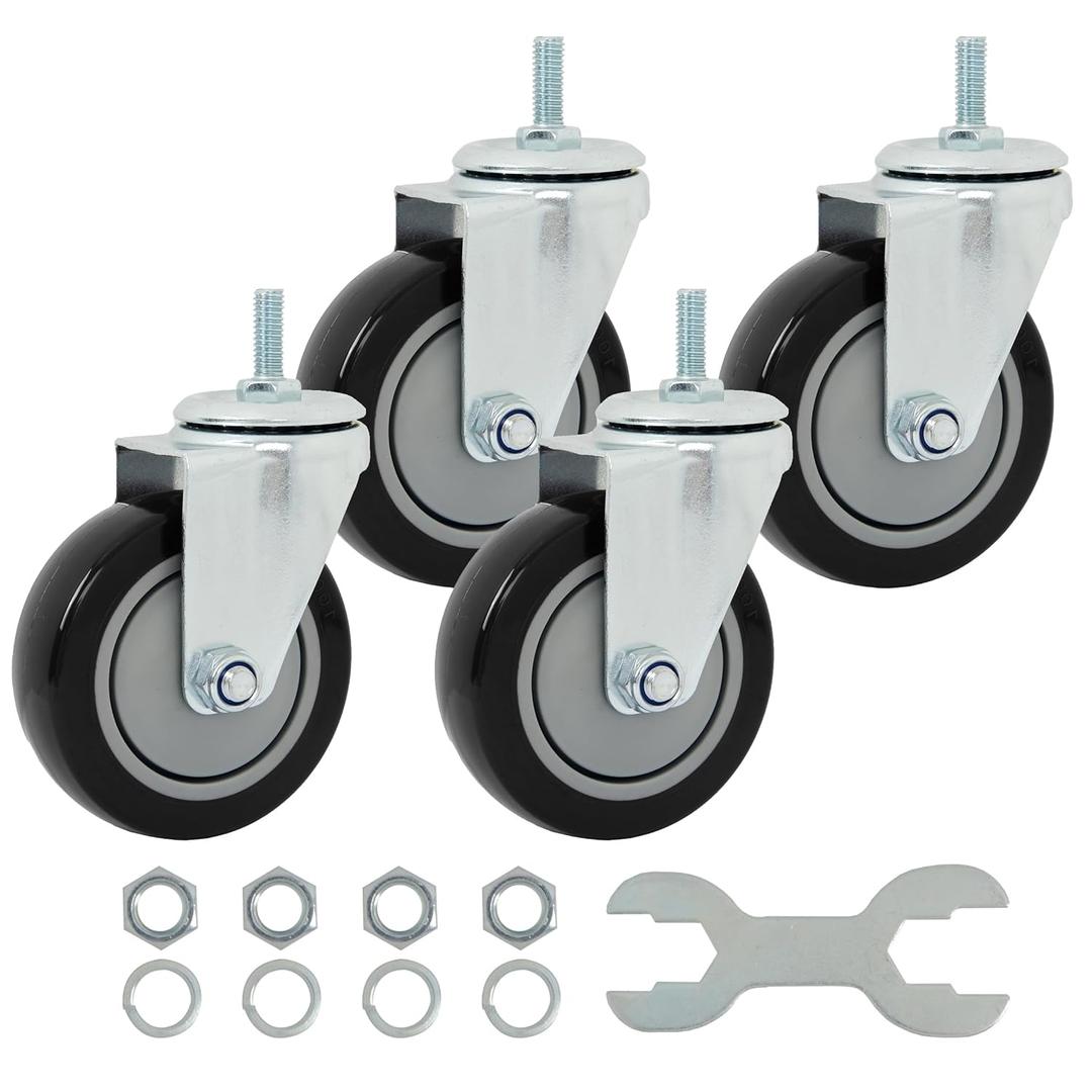 Finnhomy Swivel Caster Wheels 4 Inch Threaded Stem Casters Set of 4 Heavy Duty 3/8"-16 x 1 Anti-wear Polyurethane Industrial Castor Wheels for Cart/Furniture Load Bearing 2200 Lb Smooth Caster Black