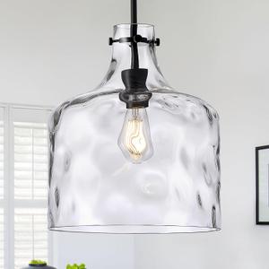 12" Farmhouse Pendant Light, Hand-Blown Clear Hammered Glass Hanging Ceiling Light Fixture with Black Finish and Adjustable Chain, Modern Rustic Lighting for Kitchen Island, Dining Room, E26 Socket
