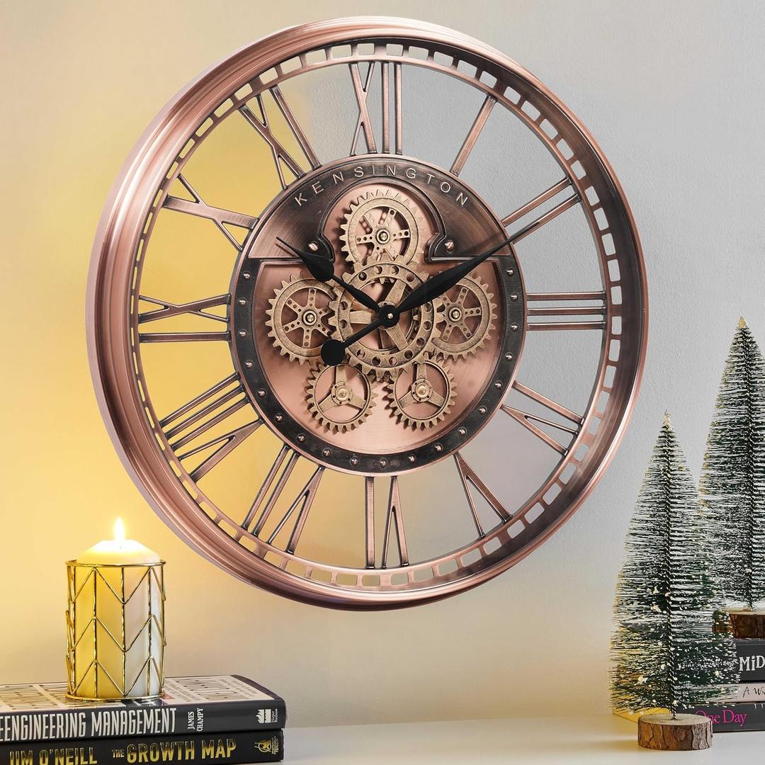 CLXEAST 28 Inch Oversized Large Moving Gears Wall Clock,Industrial Vintage Rose Gold Silent Wall Clock for Modern Farmhouse Living Room Home Decor,Copper Finish