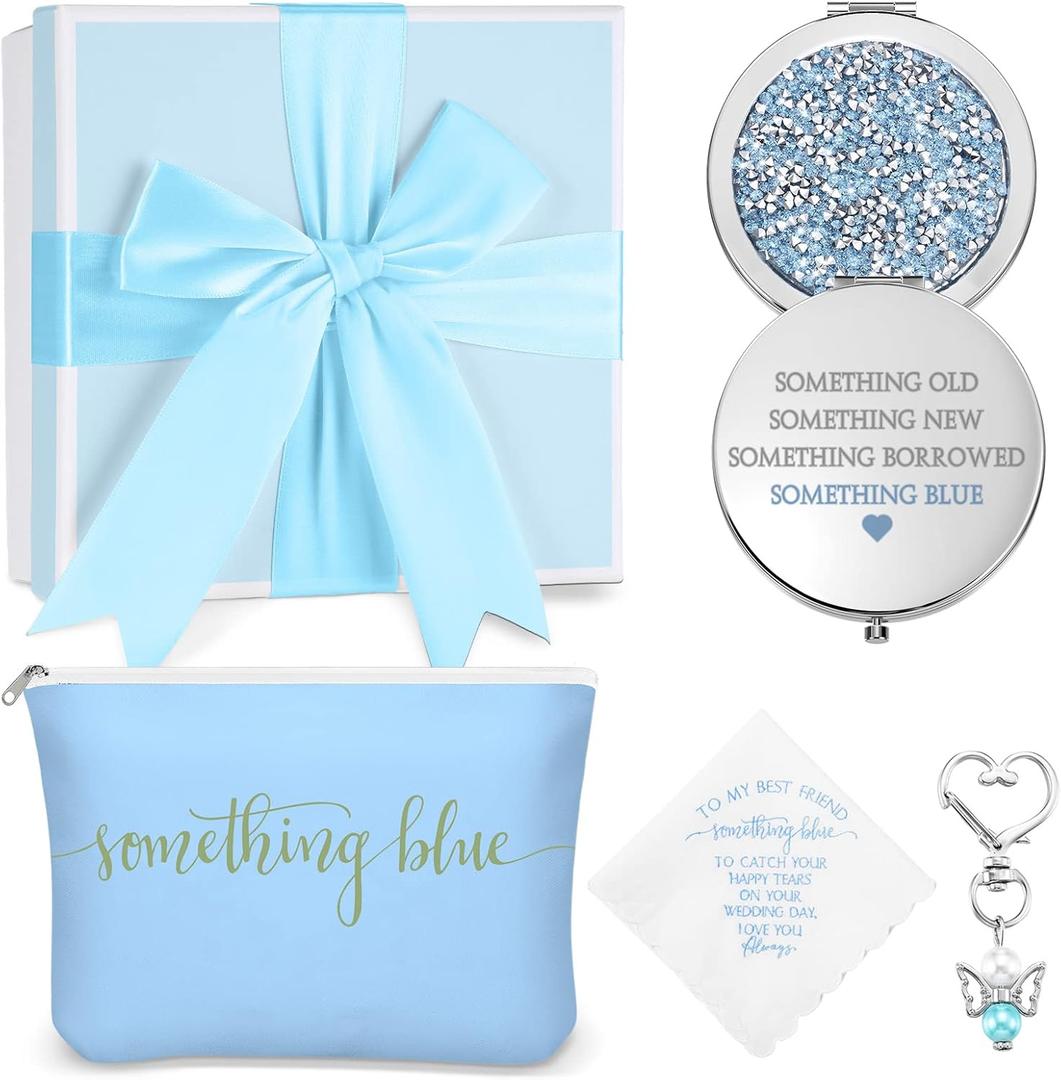 Fumete Something Blue Wedding Gift Set - Embroidered Handkerchief Angel Bouquet Charm Bridal Cosmetic Bag with Diamond Compact Mirror and Raffia Gift Box