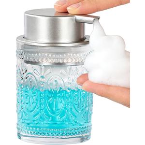 Glass Foam Soap Dispenser, 8 Oz Face Wash Dispenser for Bathroom, Vintage Glass Clear Foaming Hand Soap Dispenser, Small Refillable Lotion Dish Dispenser for Kitchen, Matte Silver Pump
