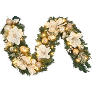 6ft White and Gold Christmas Garland with 25 LED Lights with Timer, prelit champgn Gold Garland with Magnolia and Plenty Ornament,Festive Lighted Decor for Front Door, Mantel, Stair & Fireplace