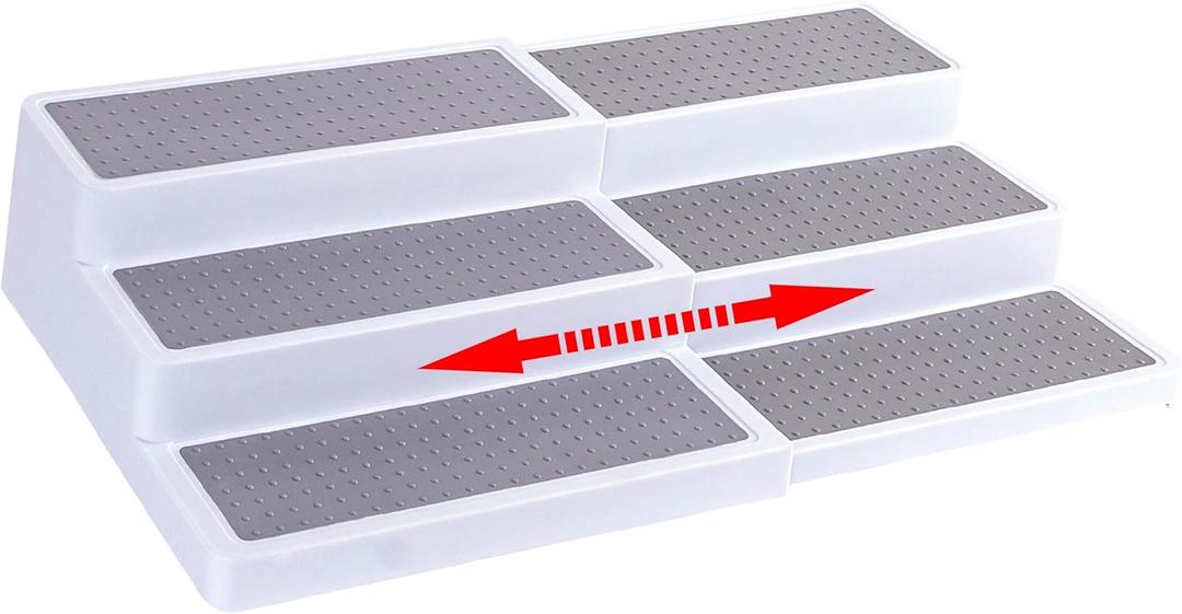 Oizeir 3Tier Expandable Plastic Spice Rack - Adjustable Length, Stability with Non-Skid Shelf, Three Tiers for Easy Visibility, Organizer for Kitchen Cabinet, Pantry or Countertop, White/Grey (1-Pack)