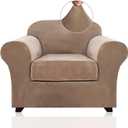 PrinceDeco Velvet Plush Couch Cover Stretch 2 Piece Chair Cover Chair Slipcover Washable Furniture Protector Couch Soft with Elastic Bottom Armchair Cover Width Up to 49 Inch(Small, Camel)