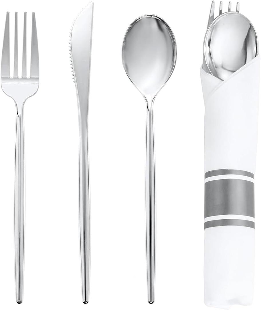 SUT 50 Pack Pre Rolled Silverware Set Disposable, 200 Pcs Silver Plastic Utensils Include 50 Forks, 50 Knives, 50 Spoons and 50 Napkins, Plastic Cutlery, Wrapped Silverware Set Disposable for Party