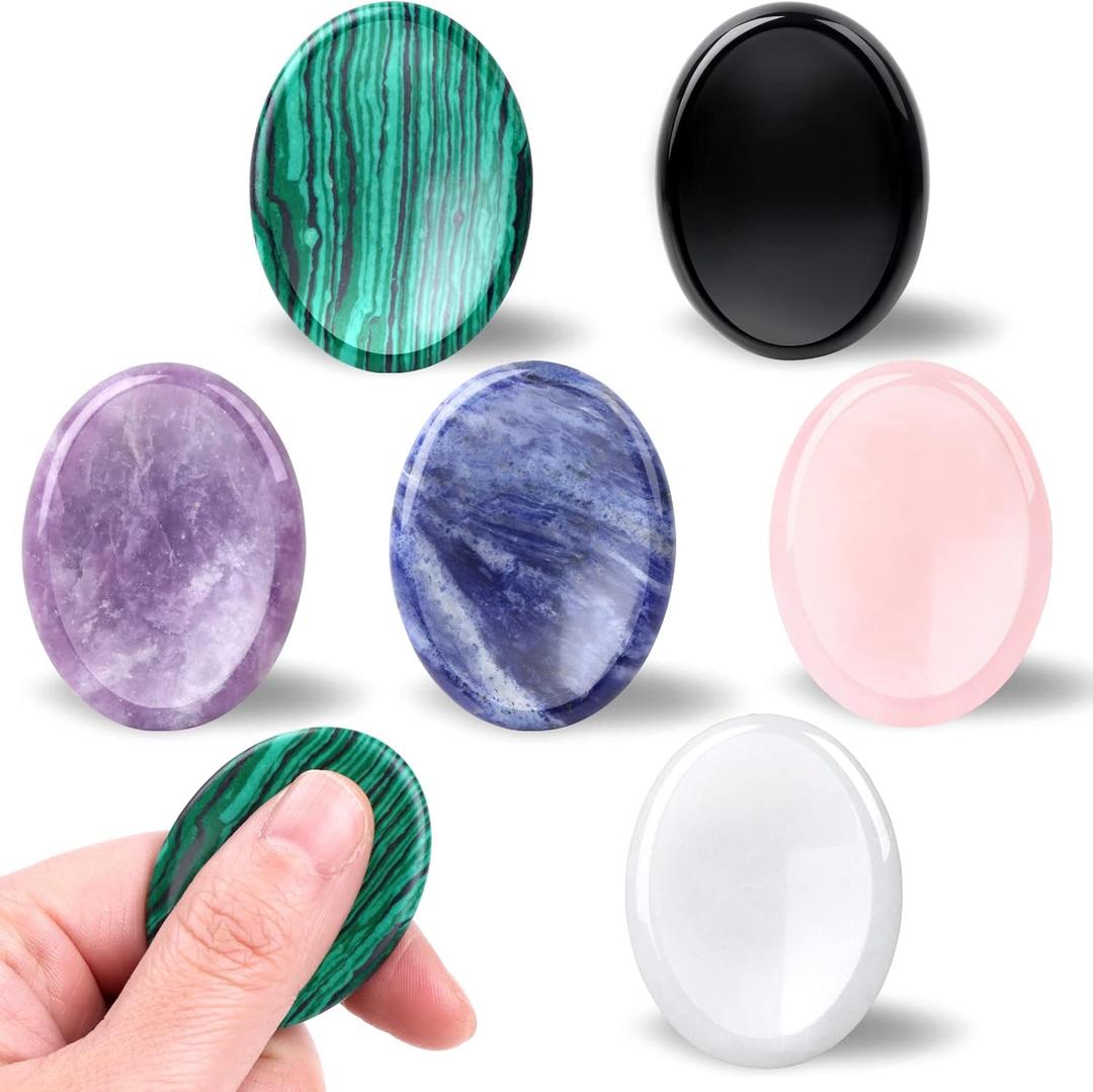GolbalJew 6PCS Thumb Worry Stone for Anxiety Healing Crystals Sets, Hand Carved Crystals and Healing Stones, Meditation Crystal Reiki Natural Relax Palm Stone for Anxiety Therapy Relief