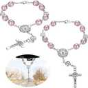 Saint Benedict Car Rosary 2 Pcs Rearview Mirror Auto Rosary Hanging Personalized Car Cross Blessing Catholic Car Medal for Truck Bike Motorcycle Car Mirror Hanging Accessories Decors (Pink)
