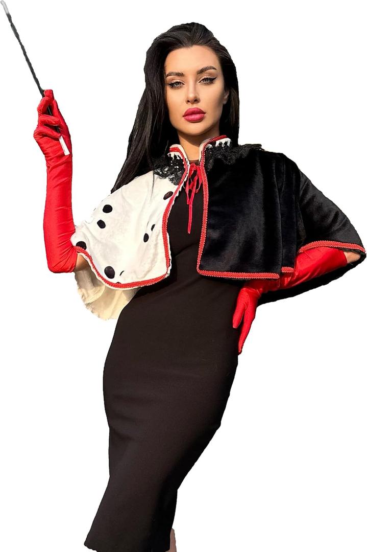 CWDGAGANB Deville Costume Women Black White Devil Accessories Shawl Dalmatian Costume Adult with Red Gloves