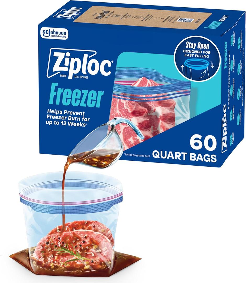 Ziploc Quart Food Storage Freezer Bags, Stand-Up Bottom, Easy to Fill, 60 Count (Packaging May Vary)