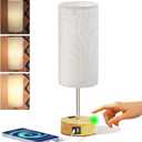 KPQ Small Bedside Lamp Touch Control Table Lamp with USB A+C Charging Ports & AC Outlet 3-Way Dimmable Nightstand Lamp with Linen Fabric Shade for Bedroom Living Room