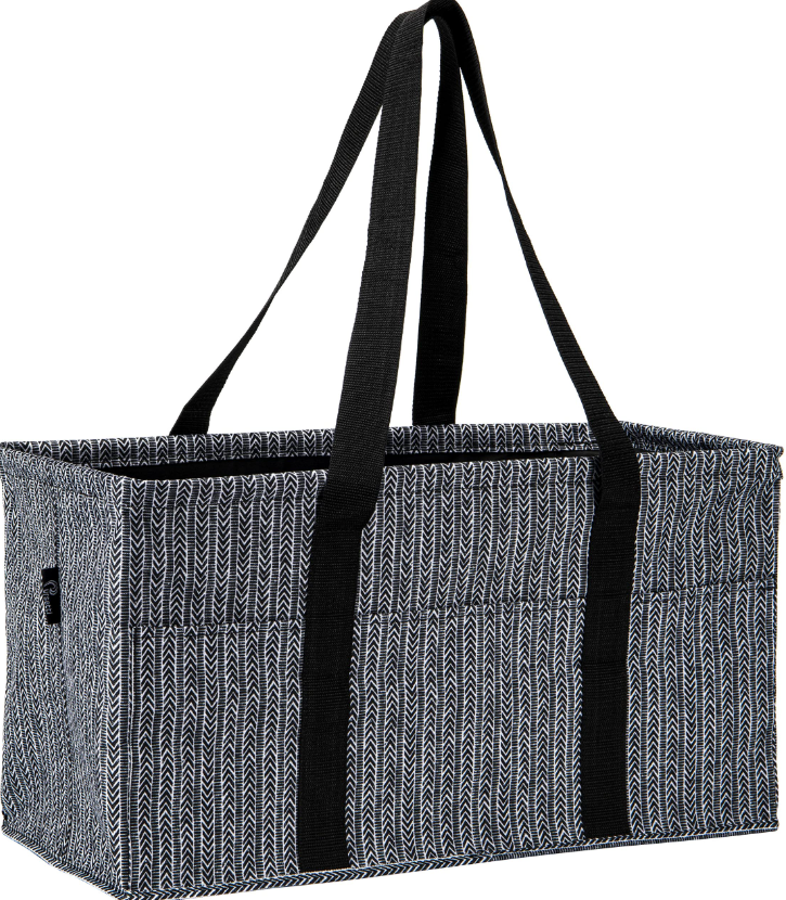 Pursetti Extra Large Utility Tote With 6 Exterior Pockets - Perfect for Beach, Pool, Laundry, Storage, Ballgame, and Home (Herringbone)