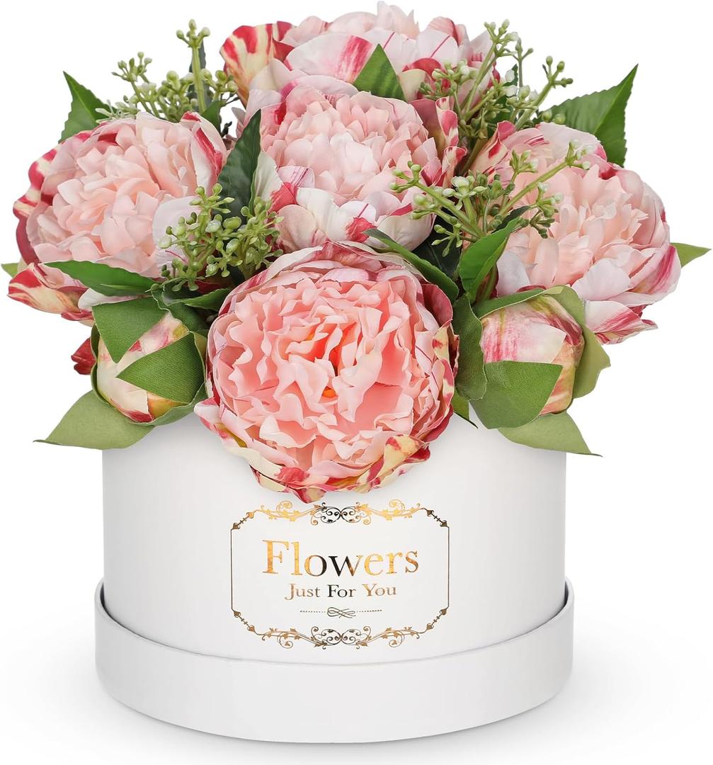 Hollyone Pink Peonies Artificial Flowers in Vase Round Gift Boxes with Fake Flowers Arrangements Faux Flowers Floral in Box Vase for Her Mothers' Day Valentine's Day Christmas Birthday Graduation Gift (Pink and White)