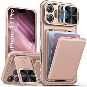 SSLOTSCASE for iPhone 17 Pro Case with Wallet & Sliding Lens Cover & Kickstand & Credit Card Holder & Camera Stand, Military-Grade Protection Hard Phone Case Cover for iPhone 17 Pro 6.3'', Rose Gold