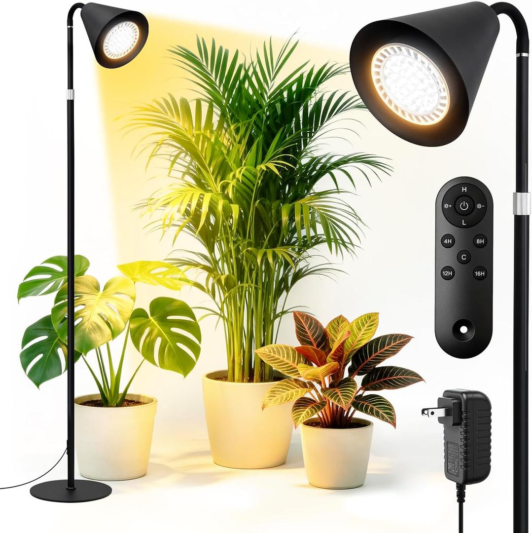 Grow Lights for Indoor Plants, 20W Full Spectrum Growing, 63in Adjustable Height Stand, 4/8/12/16H Auto Cycle Timer, 10 Levels Dimmable Remote Control Standing Grow Floor Lamp for Small to Tall Plant