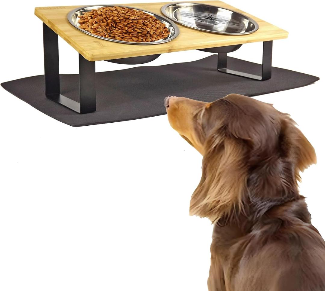 Stand-Up Tilted Bamboo Table & Metal Elevated Dog Bowls - 2 Stainless Steel Bowls for Food or Water Included, Elevated pet Feeder Perfect for Small Dogs, Cats, Medium Pets (Medium (Fixed Height Non-Adjustable))
