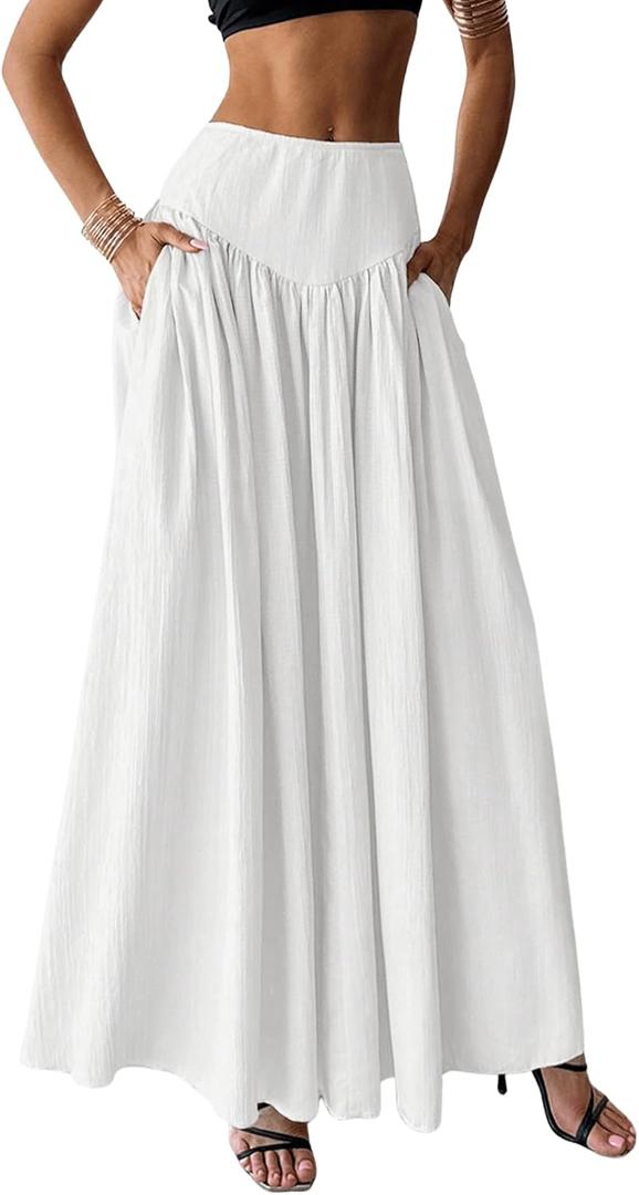 Milumia Women's Pleated Flowy Long Skirts High Waist Maxi Skirt with Pocket (White), XS