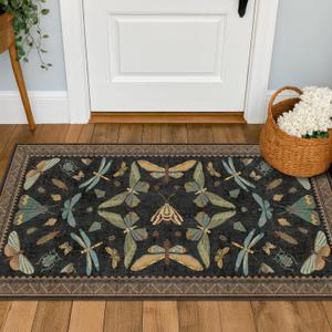 Small Black Entryway Runner Rug - 2x4 Front Door Rug Indoor Entrance, Small Waterproof Carpet for Kitchen Floor, Bathroom, Powder Room, Washable Low Pile Non Slip, Insect Print Multi Color Home Dcor