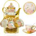 20 Pieces European Ceramic Tea Set for Adults With Metal Holder and Flower Painting (Large Cream Version)
