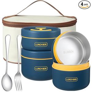 Dandat 4 Pcs Insulated Bento Box Portable Stainless Steel Food Container Round Stackable Leakproof Thermal Food Container for Adult Men Women with Insulated Bag, 74 oz(Royal Blue)