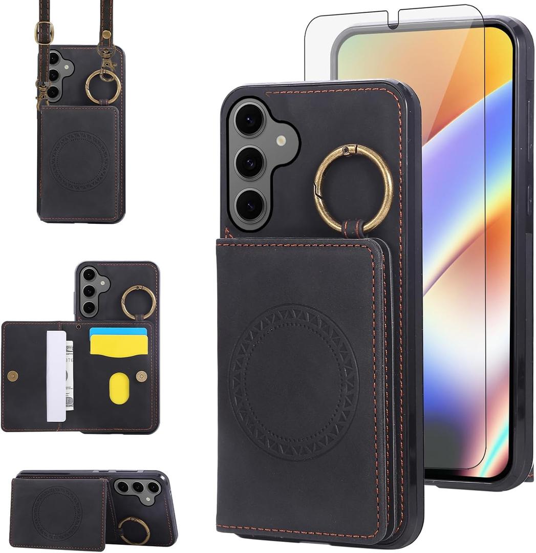 Compatible with Samsung Galaxy S26 Plus S26+ 5G Wallet Case and Screen Protector Crossbody Shoulder Strap Ring Buckle Stand Card Holder Magnetic Car Mount Phone Cover for S26Plus 26S + S 26 26+ Black