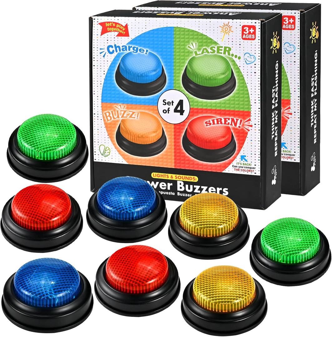 8pcs Buzzers for Trivia Games, Game Show Buzzers Buttons with 4 Lights Color and 4 Sounds, Answer Buzzer for Jeopardy Buzzer, Family Feud Game, Classroom Must Have, Games Night