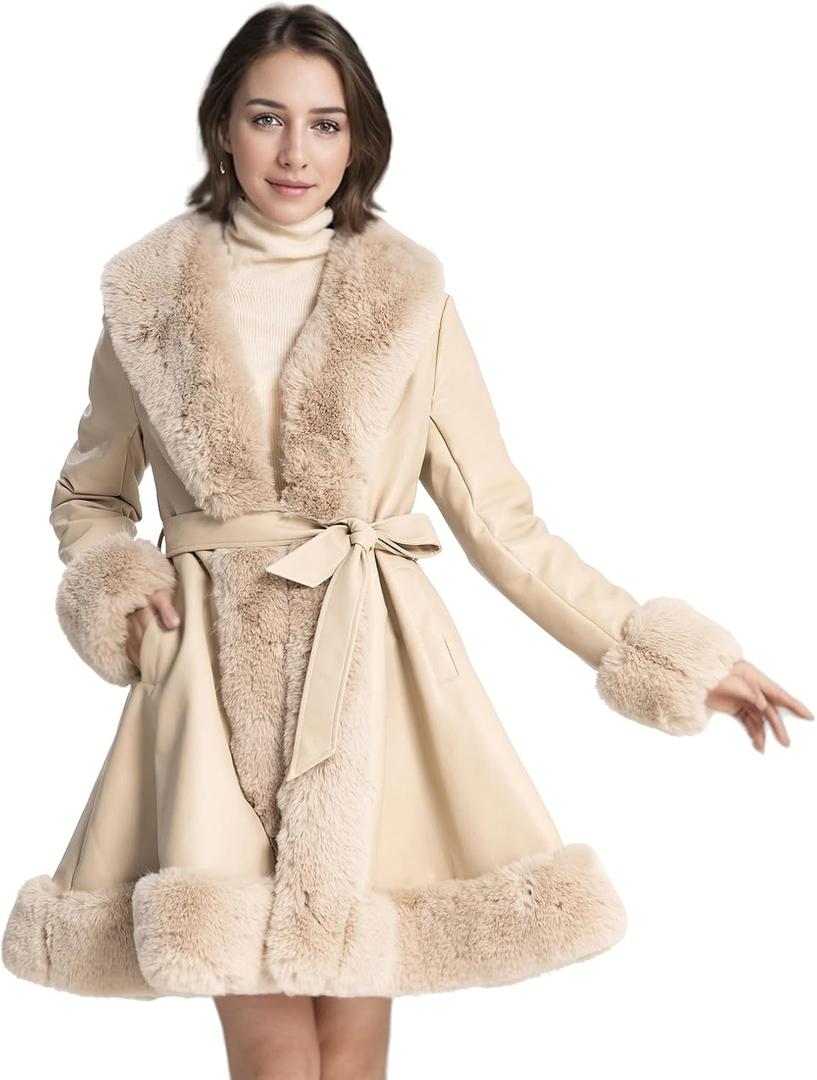 Winter Faux Fur Coats for Women,Faux Fur Leather Jacket Women (Large, Beige)
