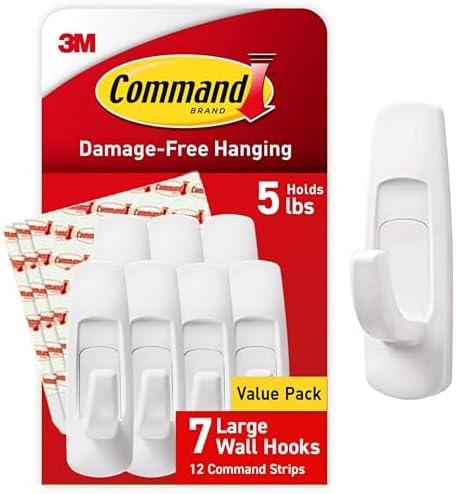 Command 5 lb Large Utility Hooks, 7 Wall Hooks and 6 Strips, Damage Free Hanging with Adhesive Strips, No Tools for Hanging, Organization and Storage | 6 Strips, Organize, Damage-Free