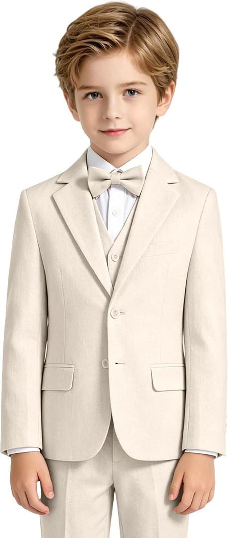 Boys Linen Suit for Kids Formal Tuxedo Suits 3 Piece Wedding Birthday Dress Clothes Slim Jacket Vest Pants Set, 10Y